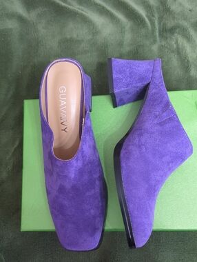 NEW Guavaivy Purple Suede Block Heel Mules